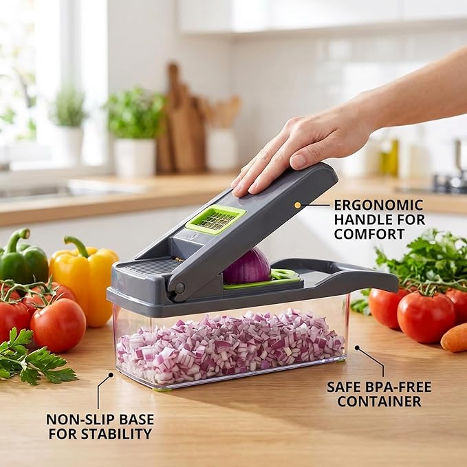 14-in-1 Vegetable Chopper and Onion Slicer, Mandolin Slicer with Container, Multi-Functional Food Dicer, Gray, Stainless Steel Blades