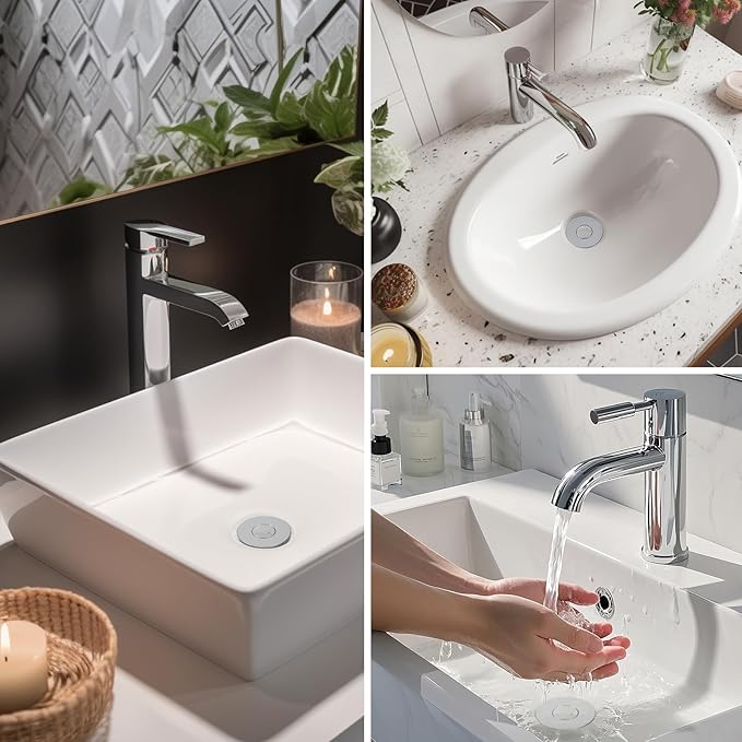 Hibbent 4 Pack Upgraded 3 in 1 Bathroom Sink Drain Strainer, Universal Pop Up Stopper with Removable Stainless Steel Filter Basket Hair Catcher, Sink Plug for 1.1''~2.36'' Basin, Brass Core, Chrome