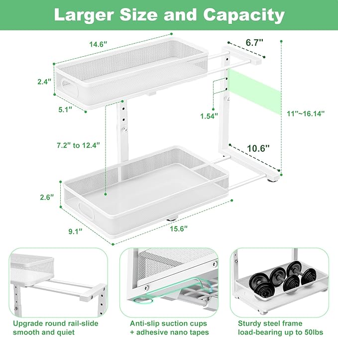 Under Sink Organizer 2 Pack, High Adjustable 2 Tier Under Sink Organizers and Storage, Slide out Metal Cabinet Organizers, Pull out Storage Drawer Shelf for Kitchen Bathroom Cabinet