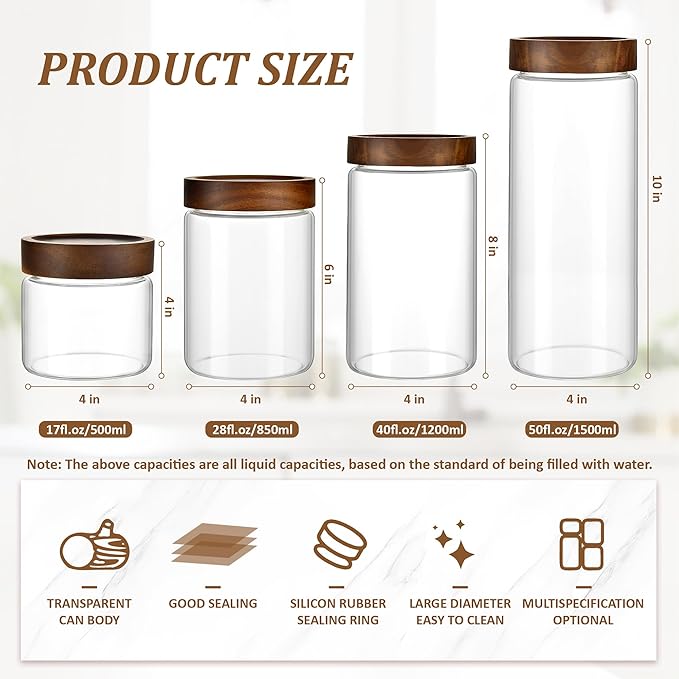 28 fl oz/850 ml Clear Glass Storage Canister with Airtight Wooden Screw Lid, Medium Cute Decorative Glass Container Jar for Coffee,Candy,Salt,Cookie,Condiment,Pepper,Sugar,Overnight Oatmeal