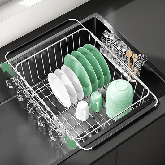 Fanbsy Dish Drying Rack in Sink, Extendable Stainless Steel Dish Drainers for Kitchen Counter, Anti-Rust Dish Dryer Rack with Utensil & Cup Holders