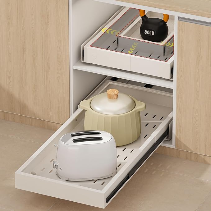 Fokyfok Pull-Out Cabinet Organizer, Expandable Width（11"–17"） and Depth (25"-32"),Adhesive No-Drill or Drill Mount Slide Out Drawer for Kitchen, Pantry, Roll out Shelves for Frameless Cabinets, White