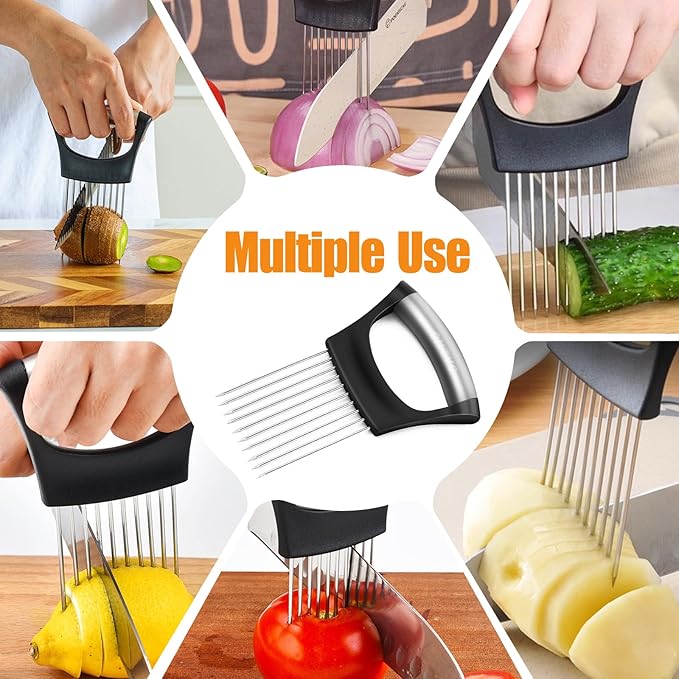 Onion Holder for Slicing, Stainless Steel Onion Slicer, Onions Slicer Holder with Protective Cover, Multi-Use Vegetable Chopper for Onions Tomatoes Avocados Potato Eggs Kiwifruit Meat Lemon