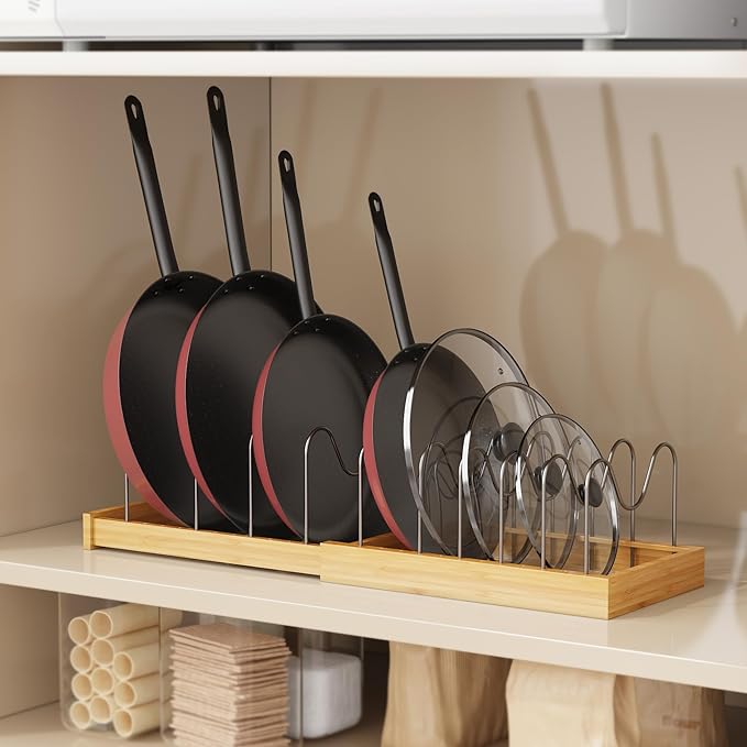 Tomorotec Bamboo Pot Lid Holder with Adjustable Stainless Steel Dividers, Expandable Rack Organizer for Kitchen Drawers, Cabinets, Countertops, Space-Saving Storage for Lids, Pans, Trays, Cookware