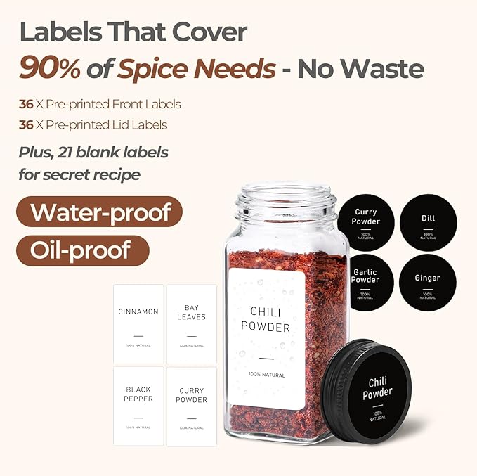 ComSaf 15Pcs 4oz Glass Spice Jars with Shaker Lids, 93 Labels, a Handy Funnel, a Pepper Grinder, Empty Spice Containers and Square Spice Bottles for Kitchen and Seasoning