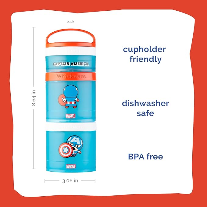 Whiskware Marvel Stackable Snack Containers for Babies, Kids, and Toddlers, 3 Stackable Snack Cups for School or Travel, Formula and Cupholder Friendly, Captain America