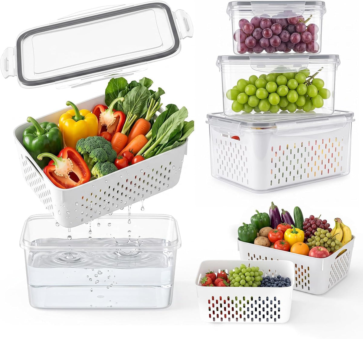 5 Pack Large Fruit Storage Containers for Fridge Set, Removable Colander