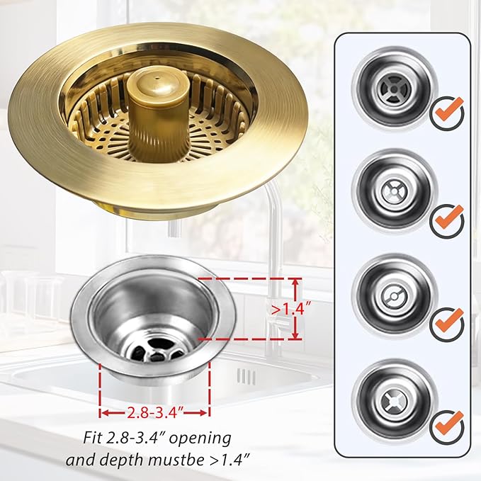 Anlige Kitchen Sink Drain Strainer, 3 in 1 Pop Up Kitchen Sink Stopper, with an Extra Basket Strainer, Universal for US Standard 3-1/2 Inch, Brushed Gold