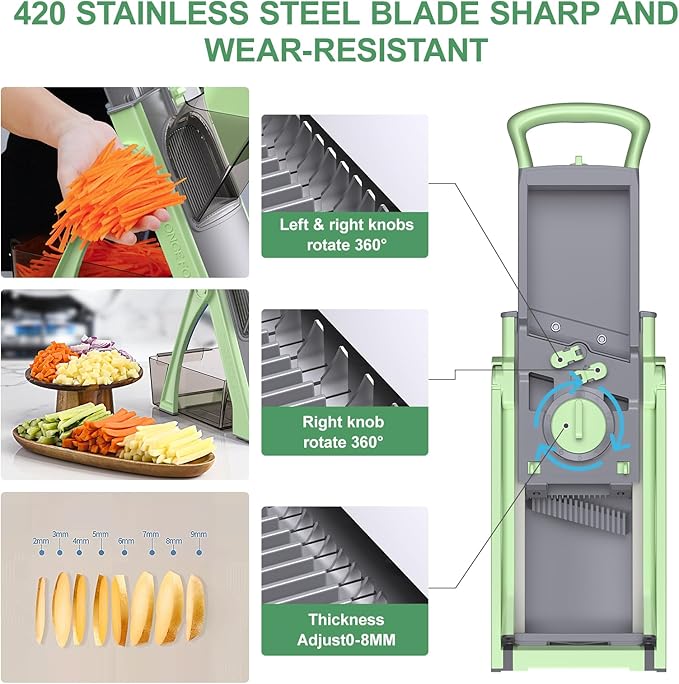 Upgraded Version Safe Mandoline Slicer for Kitchen, All in 1, Green