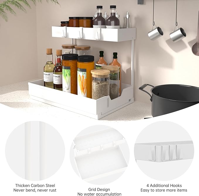 NATURE'S SOURCE Under Sink Organizers, Sliding L-shape Cabinet Organizers Narrow Space Storage Multi-purpose Sink Organizer Baskets with 4 Hook for Bathroom Kitchen Drawer (White, 1 pack)