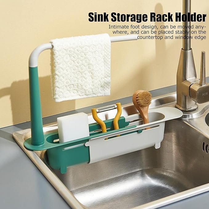 Telescopic Sink Rack, Humanized Design Telescopic Sink Storage Rack Pulling for Home for Kitchen (Green)