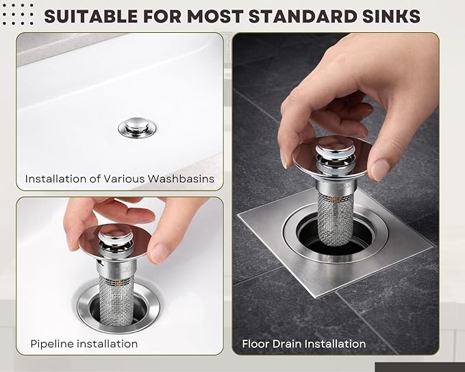 2Pcs Bathroom Sink Drain Strainer, 304 Stainless Steel Drain Filter, Pop Up Bathroom Sink Drain with Hair Catcher Fits 1 1/4" to 1 1/2" US Bathroom Sink Stopper Replacement