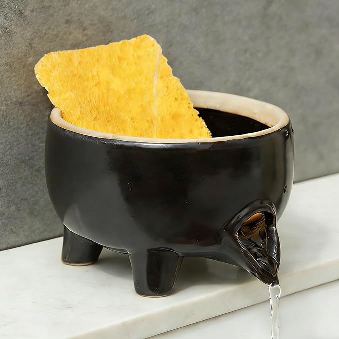 Ceramic Sponge Holder with Drainage, Modern Black Sink Caddy Organizer, Sponge Dish Rack for Soap, Brushes, Keeps Countertop Dry, Kitchen Sink Accessory