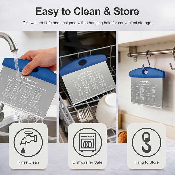 Ourokhome 2 Pack Bench Scraper Dough Cutter, Stainless Steel Dough Scraper with Laser-Etched Scale, Conversion Chart, Non-Slip Handle, Dishwasher Safe for Bread & Pastry, Blue