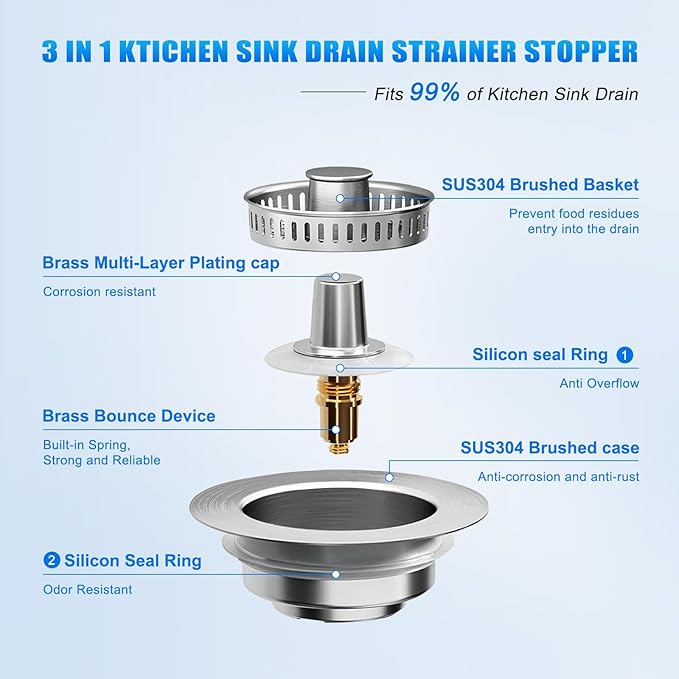 Kitchen Sink Drain Strainer 3-in-1,Pop-Up Stopper & Anti-Clogging Basket - 304 Stainless Steel Sink Strainer Anti-Clogging Sink Drain Strainer for US Standard Kitchen Drain