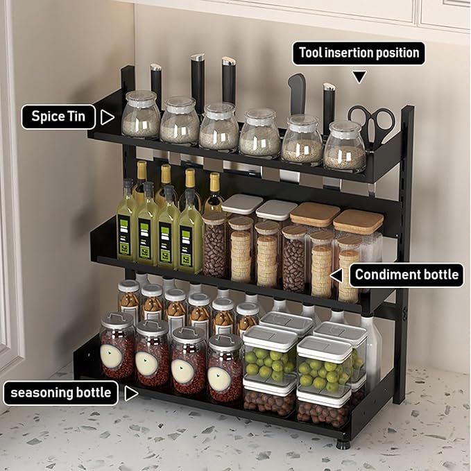 3-Tier Spice Rack Organizer with Knife Holder, Black Metal Counter Storage Shelf, 15.75x15.5x6.69 Inch, Adjustable Height, Detachable Design