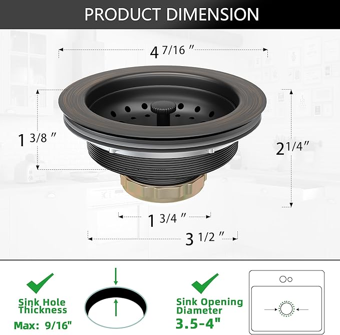 Kitchen Sink Drain Bronze 3-1/2 Inch Stainless Steel Kitchen Drain Strainer Assembly Kit with Strainer Basket and Drain Stopper for Standard Sink Drains Oil Rubbed Bronze