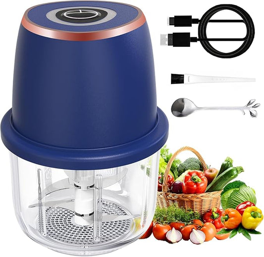 Electric Garlic Chopper, Mini Food Processor & Vegetable Chopper, 350ml Portable Cordless USB Rechargeable Garlic Chopper, Mini Chopper for Onion, Herb, Nut, Easy to Clean Glass Container（Blue）