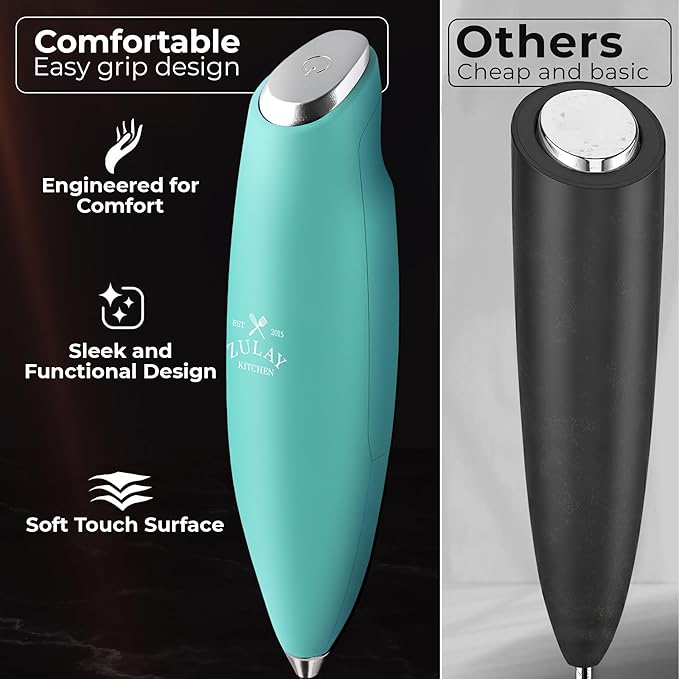 Zulay Kitchen Powerful Milk Frother Wand With Duracell Batteries - Ultra Fast Handheld Drink Mixer - Electric Whisk Foam Maker for Coffee, Lattes, Cappuccino & Matcha - Triple Whisk - Queen Turquoise