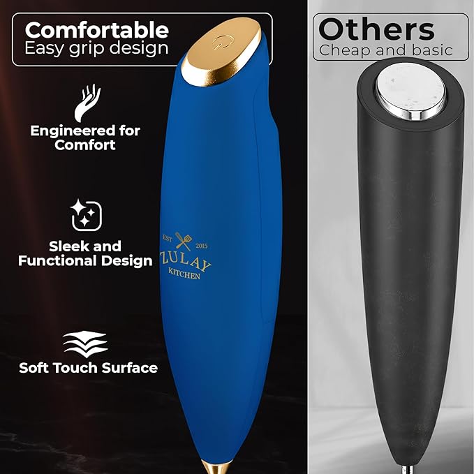 Zulay Kitchen Powerful Milk Frother Wand With Duracell Batteries - Ultra Fast Handheld Drink Mixer - Electric Whisk Foam Maker for Coffee, Lattes, Cappuccino & Matcha - Triple Whisk - Prussian Gold