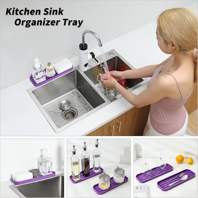MicoYang Silicone Kitchen Sink Organizer Tray for Multiple Usage,Eco-Friendly Sponges Holder for Kitchen Bathroom Counter or Sink,Dish Soap Dispenser,Scrubber,Bottle,Cup (Purple, 12"×4")