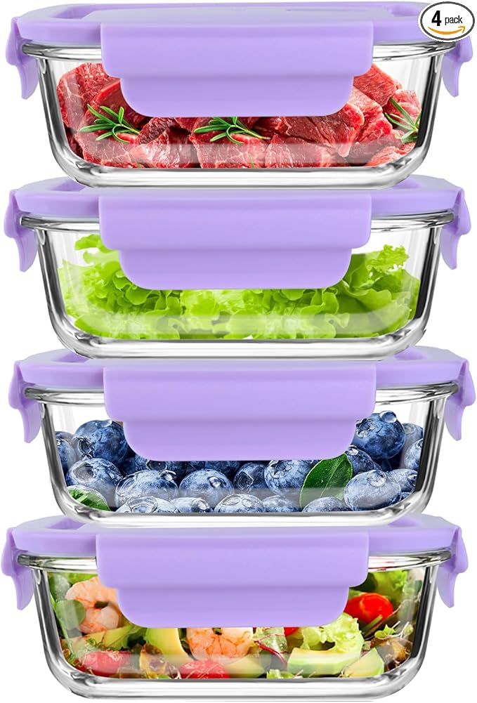 4Pack 13oz/0.37L Glass Meal Prep Containers with Lids, Glass Storage Containers with Lids, BPA-Free, Pantry Organizers and Storage, Freezer to Oven Safe (Purple)