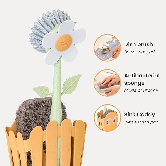 Vigar Florganic Kitchen Sink Caddy Organizer - Dish Sponge Holder with Flower Dish Brush, Suction Cup & Sponge for Kitchen Sink, Decorative Kitchen Sink Accessories Countertop Storage Set - Orange
