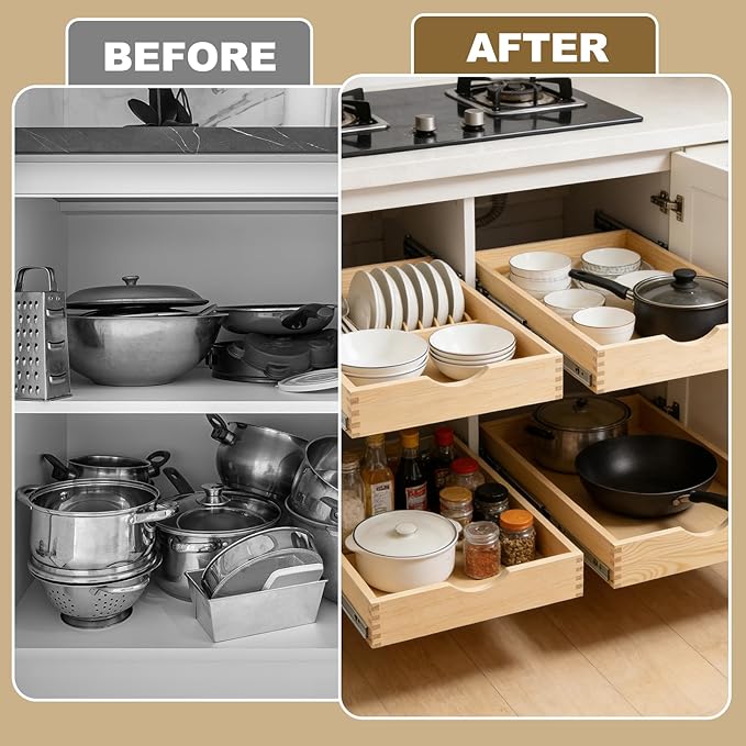 23" Pull Out Cabinet Drawer (Fits 24" Cabinet Opening), Wood Slide Out Cabinet Shelf Organizer with Ball Bearing Slides, Clear Lacquer Finish, Heavy Duty Kitchen Cabinet Pull Out Shelves