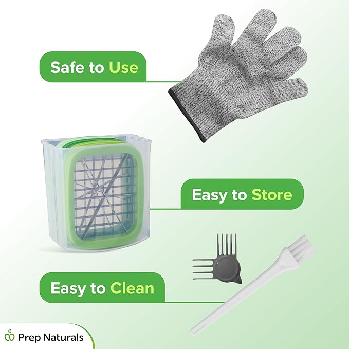 Prep Naturals 3-in-1 Manual French Fry Cutter - Interchangeable Blades for Potato Cutter & Fry Slicer - Functions as Potato Dicer & Food Dicer - Includes Safety Glove - Medium, Gray