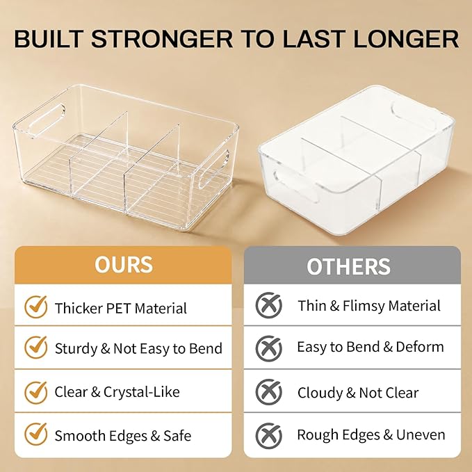 Mpotmiy 6 Pack Pantry Organizers and Storage,Clear Plastic Containers with 2 Dividers for Kitchen,Fridge Organization and Storage,Acrylic Bins for Pounches,Spice Packet,Snack organzier