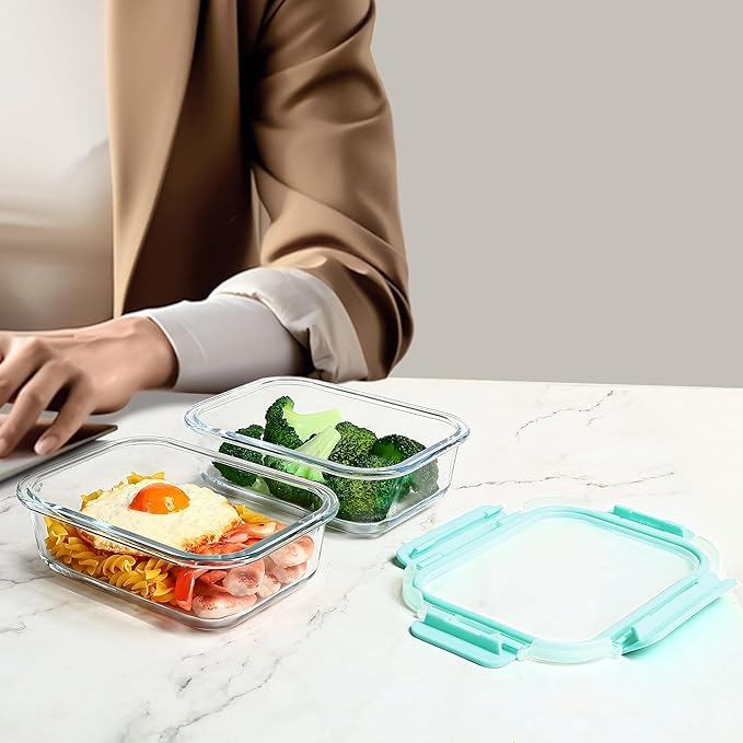 Glass Food Storage Containers 10 Pack - 22Oz Meal Prep Container Set with Lid, Airtight Snap Lock, Microwave Freezer Oven Dishwasher Safe, Lunch Box for Work, Mint