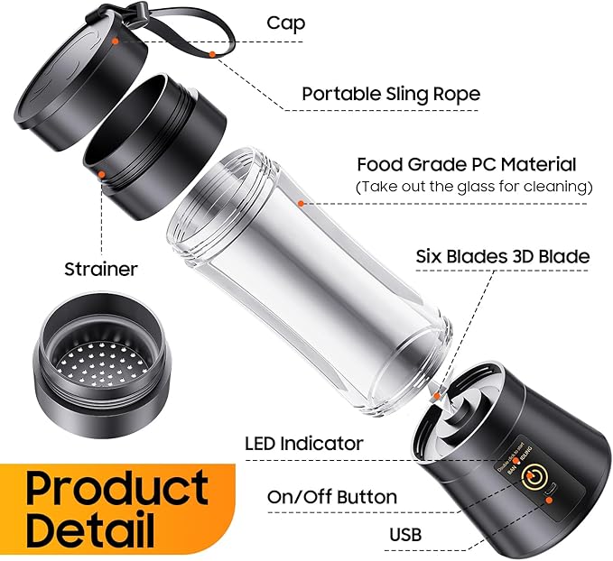 Cordless Portable Personal Size Blender - 12 Oz Mini Blender Make Smoothies and Shakes, Cordless Lightweight Rechargeable, Freshly Squeezed in Picnic/Sports/Office