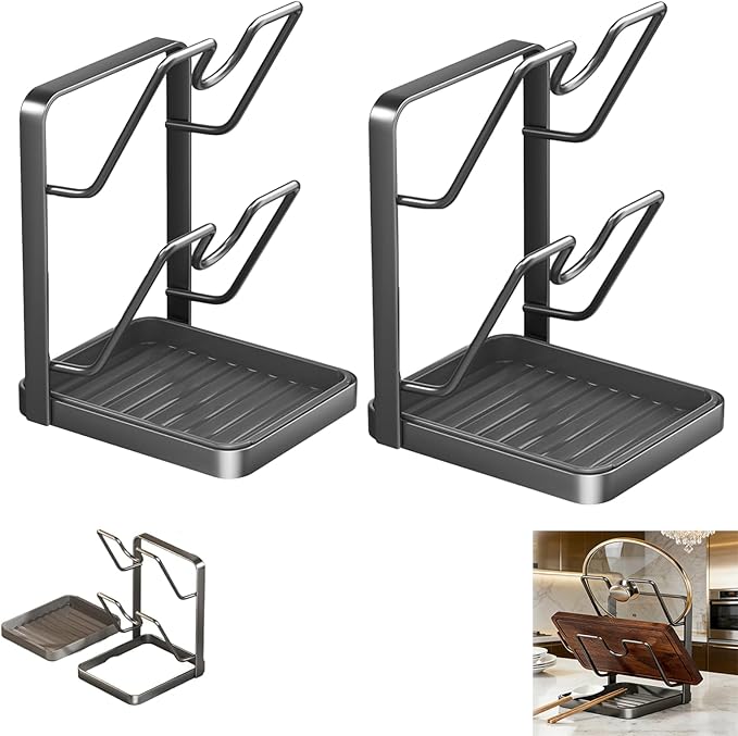 Valthyra 2Pack Pot Lid Storage Rack – A kitchen Countertop Storage Rack For Storing Cookware Lids, Featuring A Drip Tray, 304 Stainless Steel Multi-Functional Kitchen Storage Rack(Grey, Double-Layer)