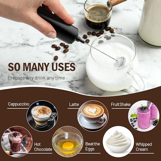 Milk Frother Wand for Coffee, Coffee Foamer Drink Mixer,Handheld Frother Rechargeable Electric Whisk with 5 Heads 2 Speeds for Latte, Cappuccino, Hot Chocolate, Egg(Home and Travel Set Black)
