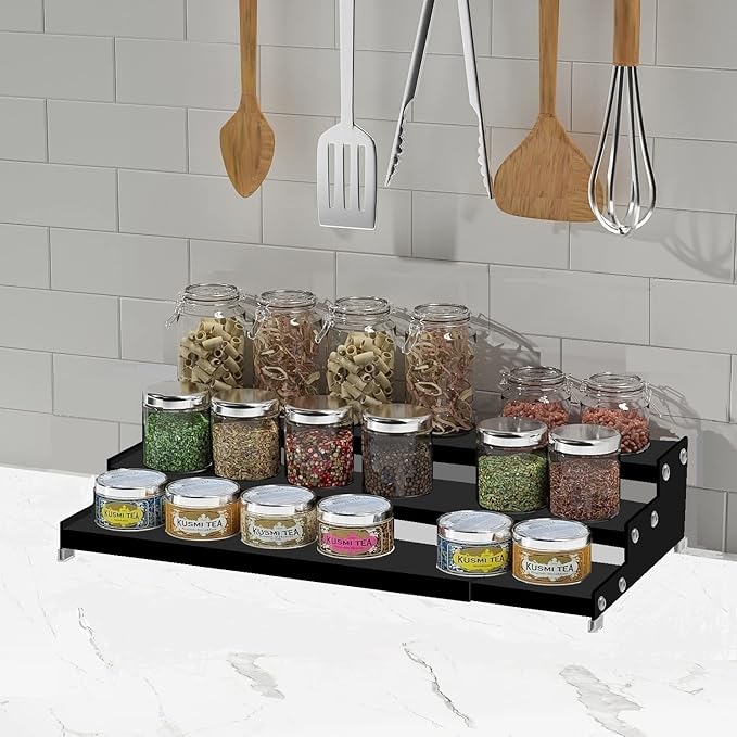 Jojocross Spice Rack Organizer 3 Tier Expandable Display Shelf(12.8"-24.01" W) Non-Skid Heavy Duty Sturdy Metal Iron Alloy Steel Step Racks 2 Packs/Black