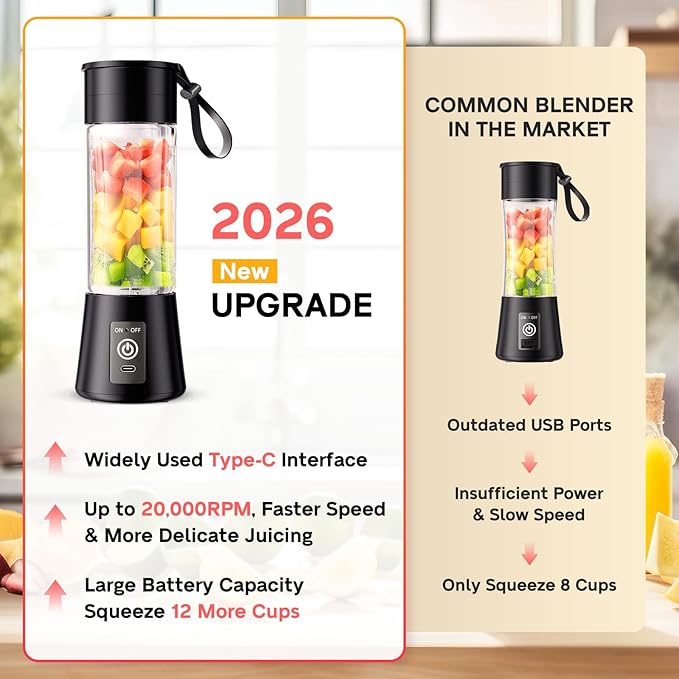 Personal Blender for Shakes and Smoothies - 2026 New Upgrade Cordless Portable Blender USB Rechargeable, 380Ml BAP Free Cup, Freshly Squeezed for Picnic/Sports, 20000Rpm/Min Speed