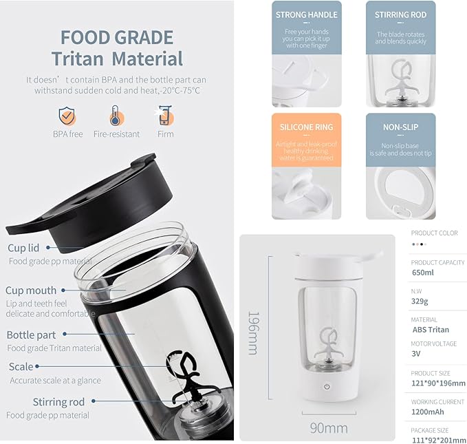 Electric Shaker Bottle, Blender Bottles For Protein Mixes, | Tritan | BPA Free| Portable Mixer Cup, Rechargeable Shake Cups And Meal Replacement Shakes, 22 oz(Green)
