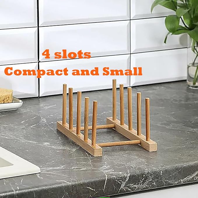 Bamboo Wooden Dish Rack, Plate Organizer for Cabinet Space Saver and Kitchen Counter, Bowl/Cup/Pot Lid/Cutting Board Drying Holder (4 Slots)
