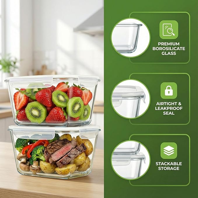 2 Pack Large Glass Food Storage Containers with Lids 85oz/10.5cup Big Airtight Storage Containers for Rotisserie Chicken Meal Prep Leftovers