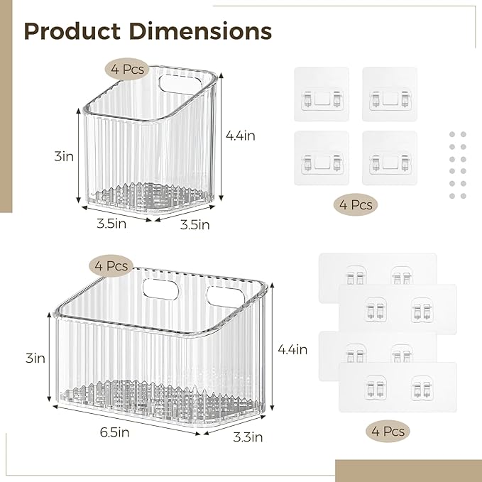 8 Pack Clear Wall Mounted Storage Bins, Acrylic Cabinet Door Organizer Baskets, Bathroom Wall Storage Organizer with Drain Hole, Adhesive Hanging Bins for Fridge Kitchen, BPA Free