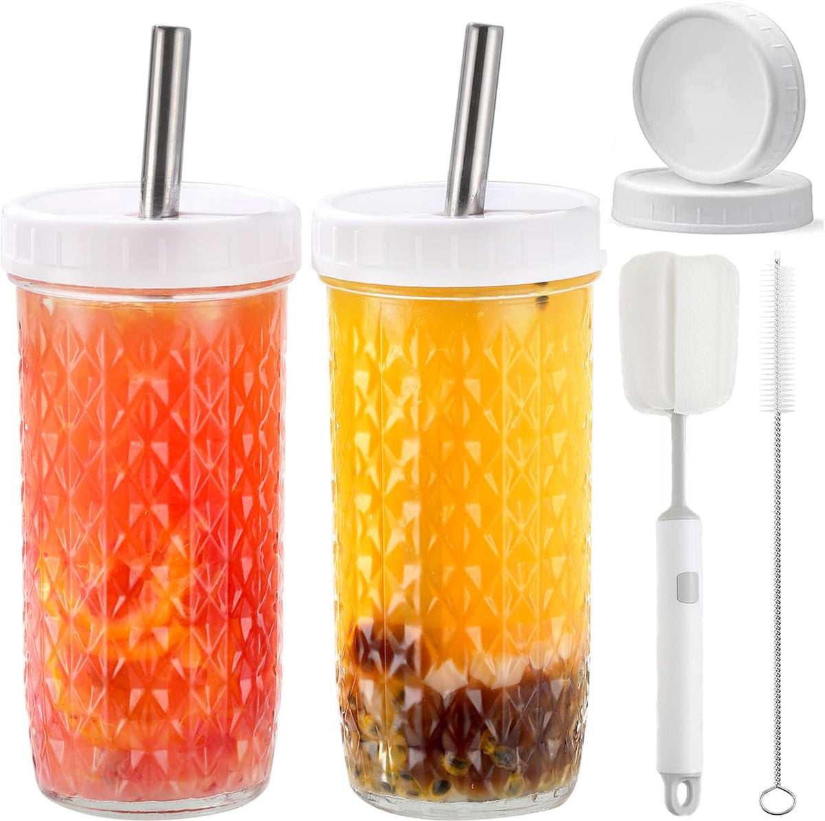 2 Pcs 24oz Glass Cups Set, Mason Jar Drinking Glasses with Lids and Straws & 2 Airtight Lids, Cute Reusable Smoothie cups, Iced Coffee Cups, Travel Tumbler for Bubble Tea, Juice, Gift