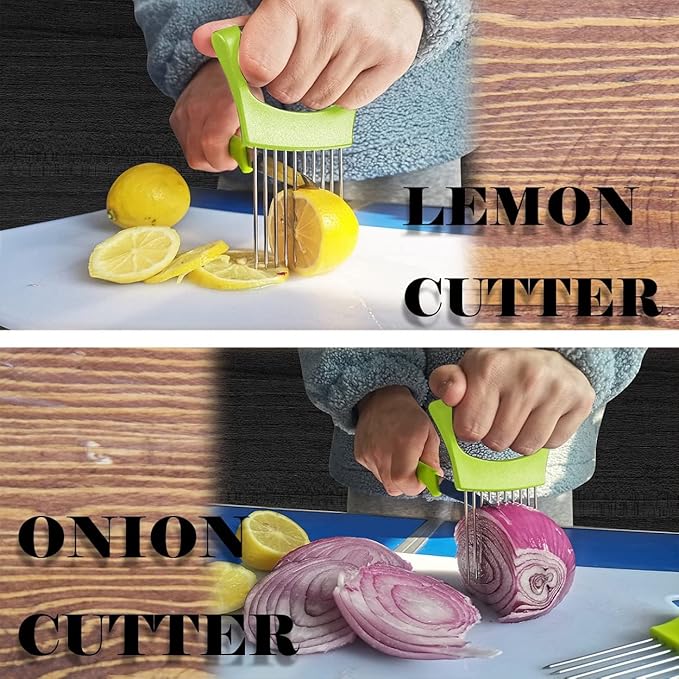 Onion Holder for Slicing - Multi-Purpose Kitchen Tool for Safe and Efficient Slicing of Onions, Tomatoes, Potatoes, Apples, and More | Stainless Steel Vegetable Cutter & Meat Tenderizer 2 PCS