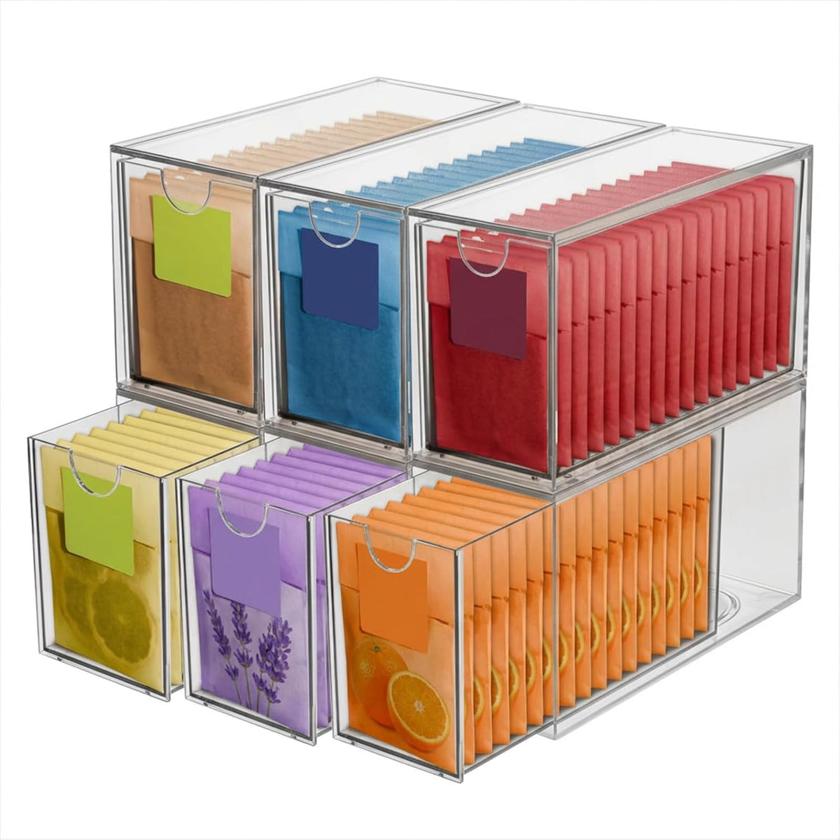 6 Pack Clear Acrylic Tea Bag Organizer Drawer, Stackable Tea Bag& Coffee Storage Container, Multi-Purpose Drawer Organizer for Drawer, Cabinet, Pantry, Kitchen, Countertop
