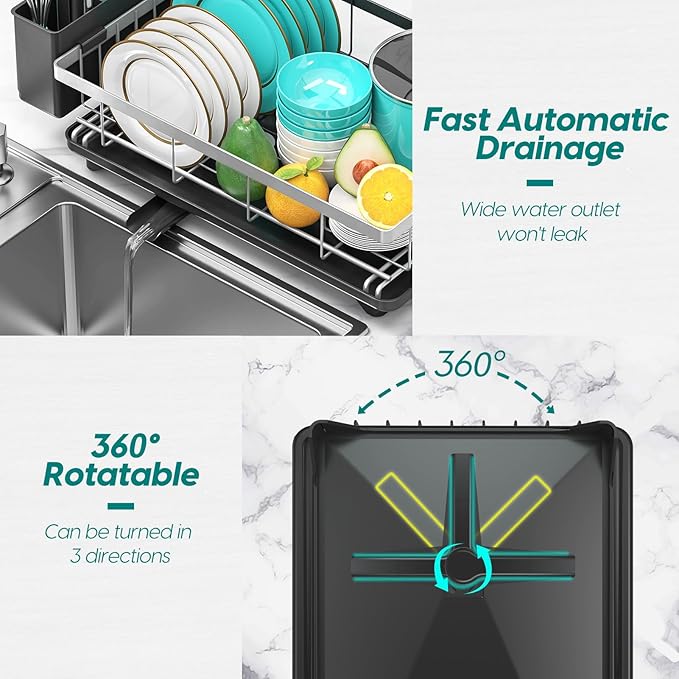 MERRYBOX Stainless Steel Dish Drying Rack for Kitchen Counter Sink，Rustproof Stainless Steel Dish Rack with Large 3-Compartment Utensil Holder