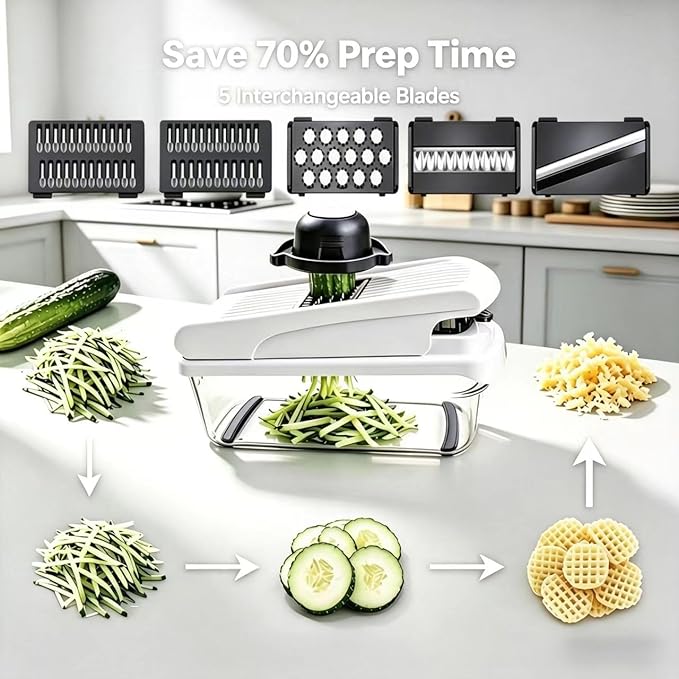 12-in-1 Mandoline Slicer & Vegetable Chopper Pro with Container, Onion Chopper, Potato Cutter, Food Dicer & Grater - Carrot, Garlic, Home Essentials & Gifts (white)
