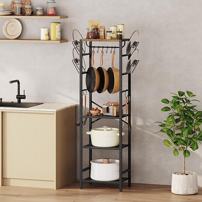 MAHANCRIS 4-Tier Pot Rack, Pots and Pans Organizer for Kitchen, Lid Organizer Rack with U-Shaped Lid Holders, Kitchen Storage Shelf for Standing Cookware, Rustic Brown and Black POHR3001