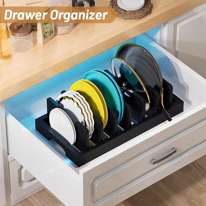 Kiasthome Bamboo Pot and Pan Organizer, Pot Lid Organizer Holder Rack for Countertop Drawer, Kitchen Cabinet Organizer with 7 Adjustable Dividers for Pots, Pans, Baking Sheets, Cutting Boards, Black