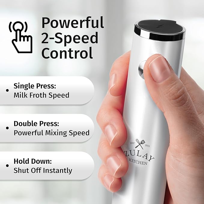 Zulay Kitchen Rechargeable Milk Frother Handheld - Frother Wand, Drink Mixer, Electric Whisk Frother, for Cappuccinos, Matcha & Protein Powder - Lux 4 Whisk 2 Speed Waterproof 2000mAh White