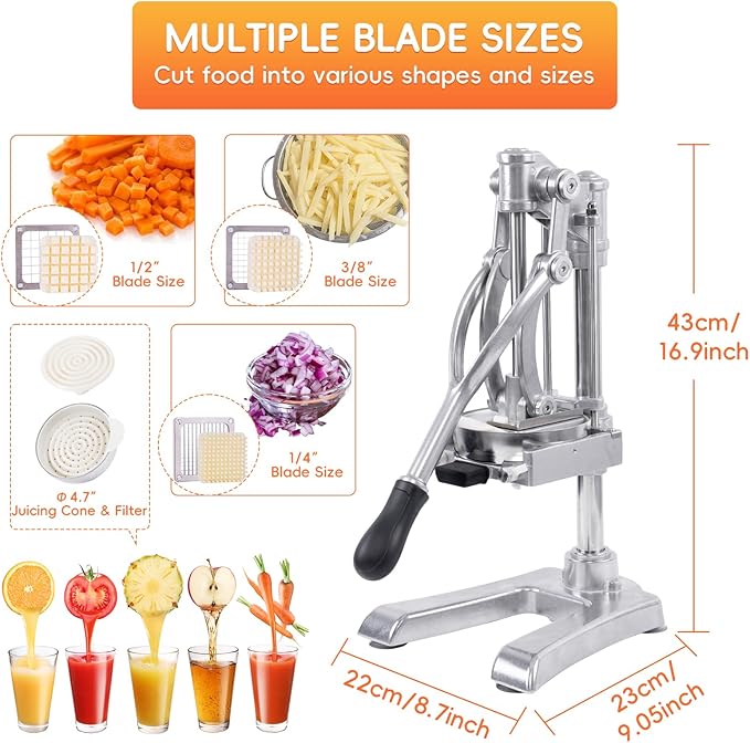 2-in-1 Commercial Juicer & Vegetable Chopper – Heavy Duty Cast Iron Manual Citrus Press with Stainless Steel Food Dicer, French Fry Cutter, 1/2" 3/8" 1/4" Blades for Potatoes