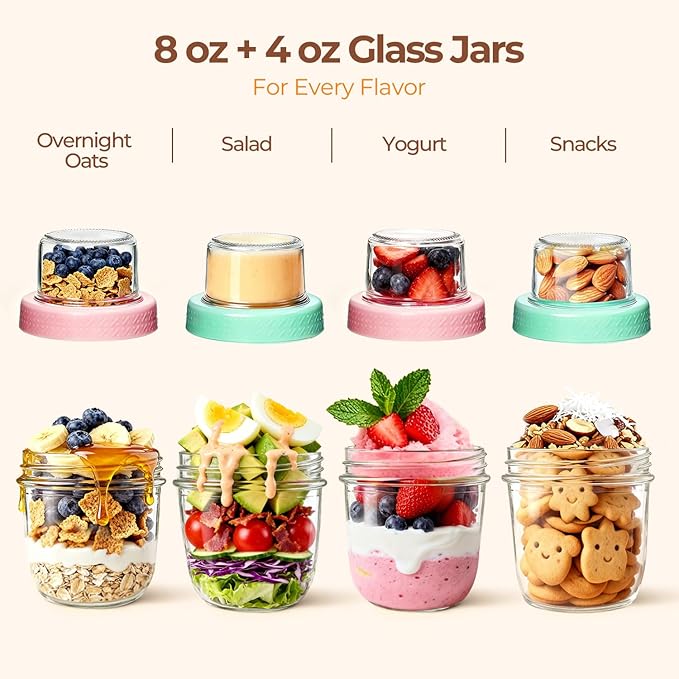 ComSaf Overnight Oats Containers with Lids (8oz+4oz, 6Pcs), Glass Yogurt Parfait Cups for Cereal Nut Fruit, Dual-Layer Chia Pudding Jars Reusable, Small Mason Jars for Salad, Meal Prep, Snack, Oatmeal